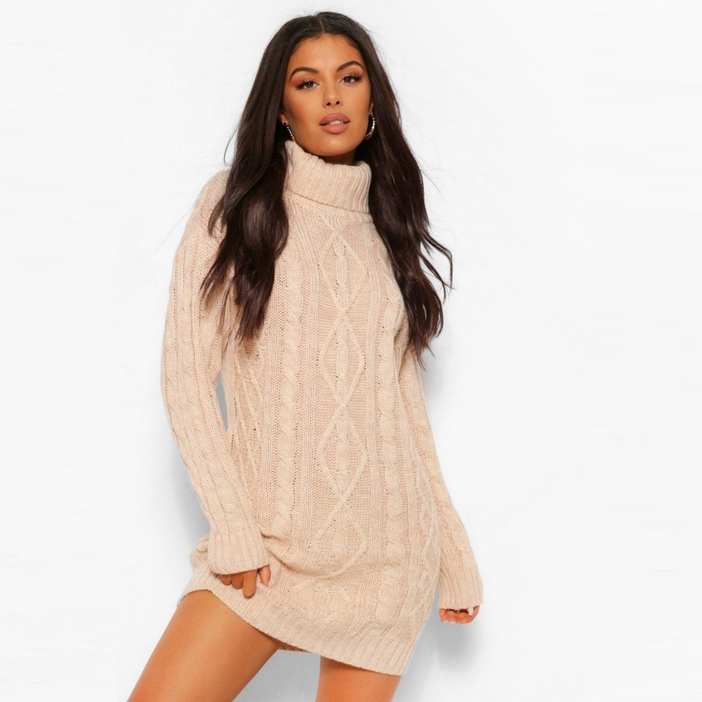 NWT Boohoo Cable Knit Roll Neck Mini Casual Sweater Dress Sz M